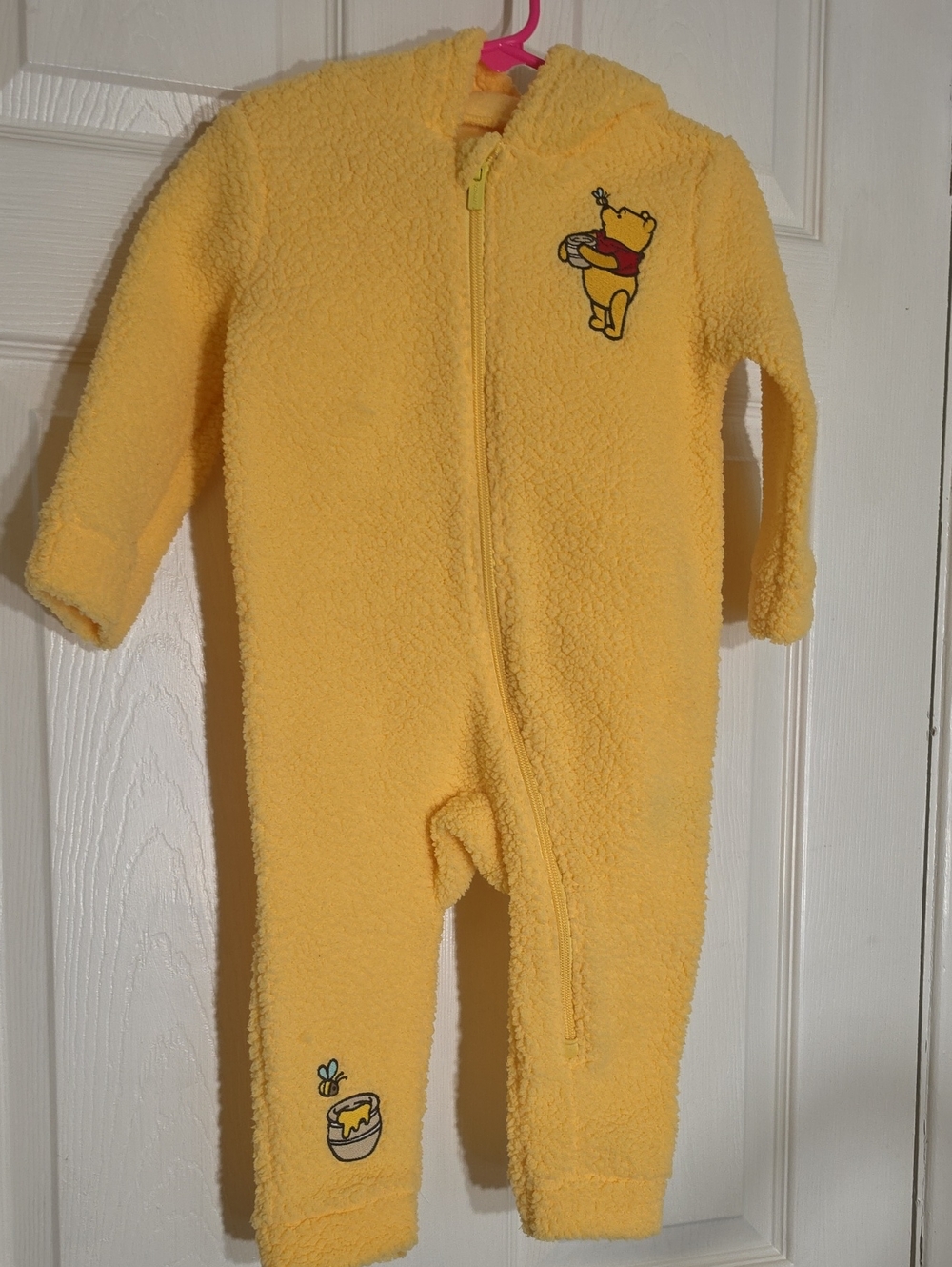 Old Navy Yellow Plush Hooded Baby One-Piece with Winnie the Pooh Patch